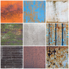 Set of old rusty metal textures. Rough dirty metal surface with rust. Backgrounds collection for design.