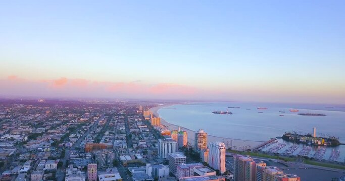 Long Beach, California / USA - Aerial Drone Shot of Long Beach Skyline and Shoreline