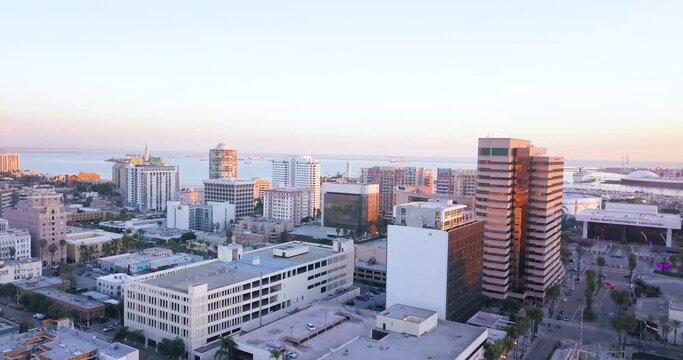 Long Beach, California / USA - Aerial Drone Shot of High Rise Buildings and Pacific Ocean Views