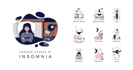 Young woman lying in bed, closed vector illustration. Insomnia causes: electronic devices, sedentary lifestyle or stress. Caffeine, nicotine, alcohol and heavy meal. Medications, jet lag, apnea