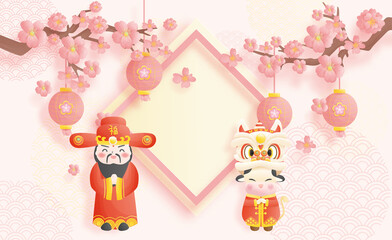 Happy Chinese new year background, template with God of wealth and ox, The year of ox, and peony flowers, paper cut style vector illustration.