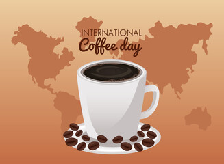 international coffee day celebration with cup and beans in planet earth