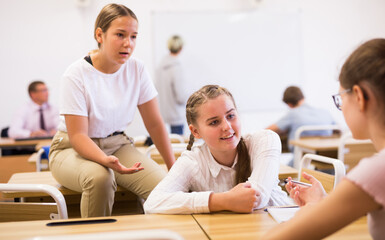 Teenage schoolgirls friendly talking during recess between lectures in classroom