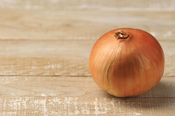 Golden onion on wooden background