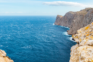 Fototapeta premium Beautiful view over the water and mountains of Mirador Es Colomer, Cap de Formentor, Palma de Mallorca, Balearic Islands, Spain