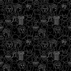 Ancient Greece and Rome tradition and culture vector seamless pattern on black. The linear trend of the ancient surface pattern, Ancient Greece and Ancient Rome.