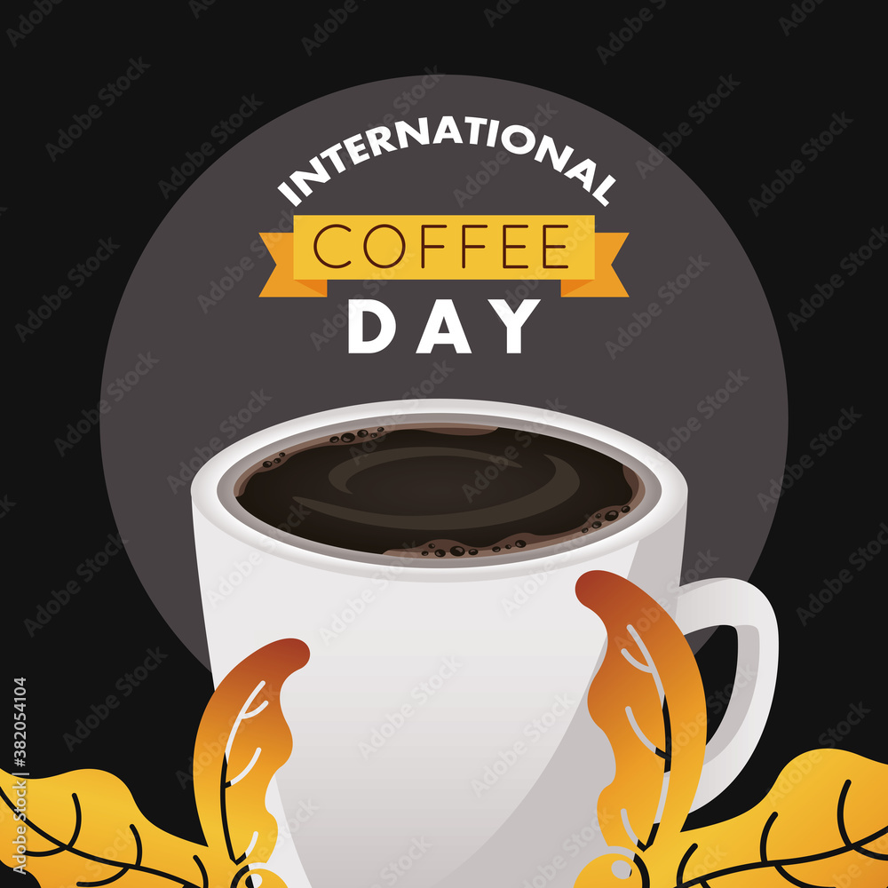 Sticker international coffee day celebration with cup and leafs