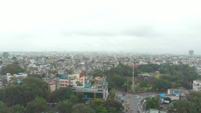 sideways drone shot over Shaniwar wada Dr Hegdwar chowk old Pune city heritage site India