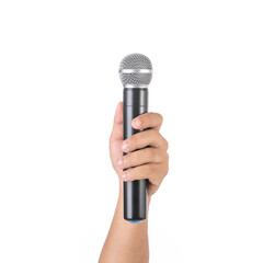 Hand holding black wireless microphone in studio. Isolated on white