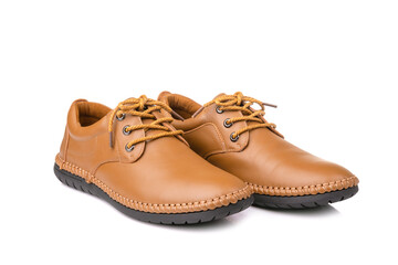 New brown men leather shoes. Studio shot isolated on white