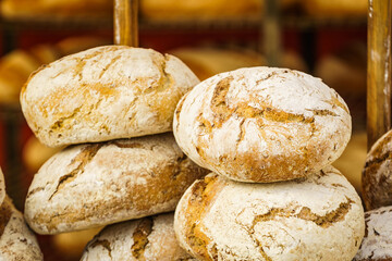 Many rustic fresh bread loaves