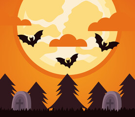 happy halloween celebration with bats flying in cemetery night scene