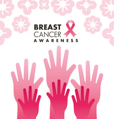 breast cancer campaign lettering with pink ribbon and hands up