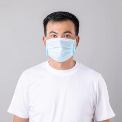 Thai man wearing protective face mask to prevent virus studio shot on grey background