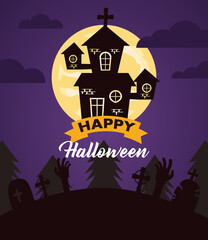 happy halloween celebration lettering with haunted house in cemetery scene