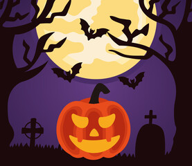 Fototapeta premium happy halloween celebration with pumpkin and bats flying in cemetery