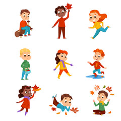 Cute Kids Walking Outdoors Wearing Warm Clothes Set, Autumn Season Outdoor Activities Cartoon Style Vector Illustration