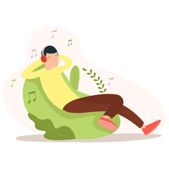 Illustration of a teenager listening a music while sitting on a chair in the morning
