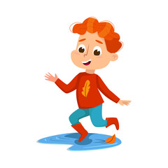 Cute Boy Jumping in Puddle Wearing Rubber Boots, Happy Kid Playing Outdoors in Autumn Cartoon Style Vector Illustration