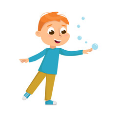 Fototapeta premium Cute Boy Blowing Soap Bubbles Through Wand, Kids Leisure, Outdoor Hobby Game Cartoon Style Vector Illustration