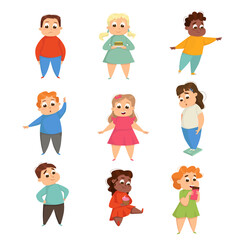 Overweight Girls and Boys, Cheerful Plump Kids Doing Sports Exercises and Eating Fast Food Cartoon Style Vector Illustration