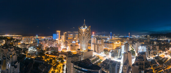 Aerial photography of night scene of Macao Peninsula City, China
