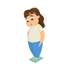 Overweight Chubby Girl Measuring Weight on Scales, Cheerful Fat Unhealthy Kid Character Cartoon Style Vector Illustration