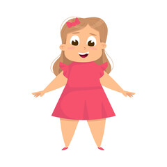 Overweight Chubby Girl, Cute Plump Girl Character Wearing Pink Dress Cartoon Style Vector Illustration