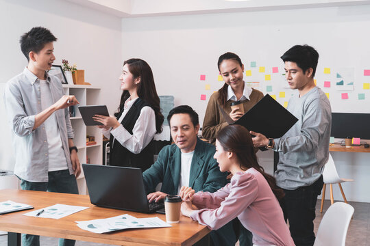 Group of asian young creative happy enjoy smile and great success emotion businesspeople  startup entrepreneur casual brainstorm business meeting office,planning, strategy, new business development
