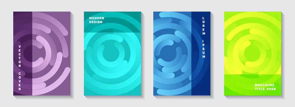 Promotional booklet covers set. Graphic presentation concentric elements motion vector backgrounds. 
