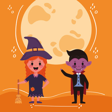 little kids couple with halloween costumes characters and moon
