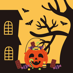 happy halloween celebration with candies pumpkin and haunted house scene