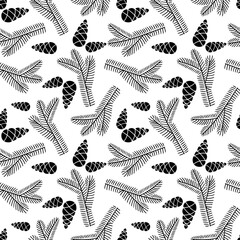 Hand drawn seamless pattern  doodle of fir tree branch with cones isolated on white background. Conifer sketch. Vector illustration. Design for wrapping, wallpaper, textile