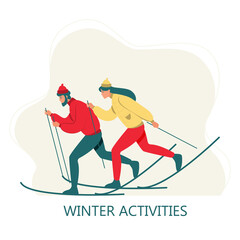 Ski in winter landscape. Winter activities. Landing page template. Cute illustration in flat style.