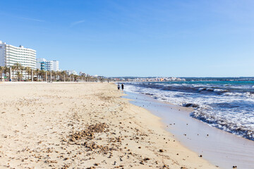Sunny day and a Beautiful view of Palma Beach in Palma de Mallorca, Balearic Islands, Spain
