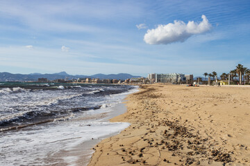 Sunny day and a Beautiful view of Palma Beach in Palma de Mallorca, Balearic Islands, Spain
