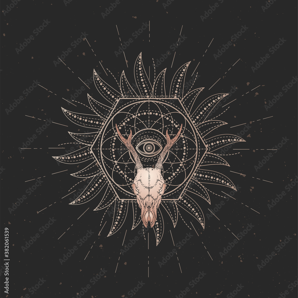 Wall mural Vector illustration with hand drawn Roe deer skull and Sacred geometric symbol on black vintage background. Abstract mystic sign.