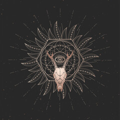 Vector illustration with hand drawn Roe deer skull and Sacred geometric symbol on black vintage background. Abstract mystic sign. © nadezhdash
