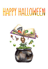 Watercolor Halloween card: witch's cauldron with a potion, book of magic, mushrooms, leaves, herbs, frog; witchcraft, spell, potion-making. Stock hand-drawn illustration isolated on a white background