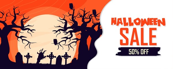 Halloween sale banner. Halloween backgrounds. Flyers or templates for discounts and promotions. silhouette Vector illustration.