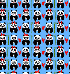 Obraz premium Abstract Cute Pandas and Hearts Repeating Children Pattern Isolated Background