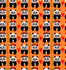 Abstract Cute Pandas and Hearts Repeating Children Pattern Isolated Background
