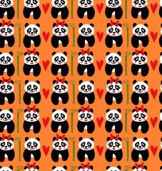 Abstract Cute Pandas and Hearts Repeating Children Pattern Isolated Background
