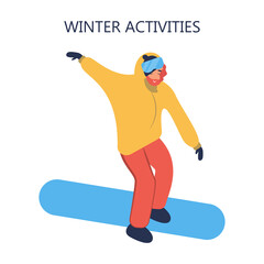 Snowboarding in winter landscape. Winter activities. Landing page template. Cute illustration in flat style.