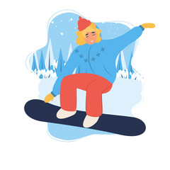 Snowboarding in winter landscape. Winter activities. Landing page template. Cute illustration in flat style.