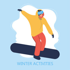 Snowboarding in winter landscape. Winter activities. Landing page template. Cute illustration in flat style.