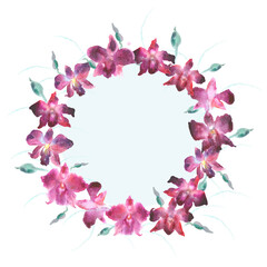 Painted watercolor card with Beautiful pink Orchid, space for text. Wreath round frame Hand drawn isolated on white background illustration.