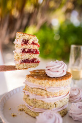 Close up view of naked wedding cake with rose zephyr (marshmallow), topper sign 