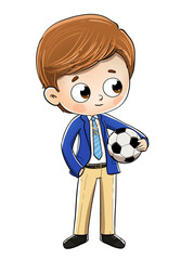 Niño vestido de primera comunión con un balón de fútbol - 382062379
