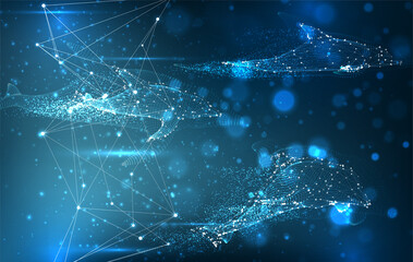 Vector dolphins from dots and lines float on a bright blue background with highlights and flashes.